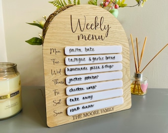 Personalised Weekly Menu Planner With Family Name and Pen, Meal Planner, Wipeable Editable Menu Board, Weekly Food Plan, food Planner Board