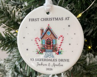 Personalised First Christmas in New Home Ornament, Gingerbread House Christmas Decoration, New Home Gift, Ceramic Couple Keepsake