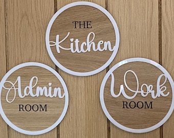 May include: Three round wooden signs with white borders and white cursive lettering. The signs read "The Kitchen", "Admin Room", and "Work Room".