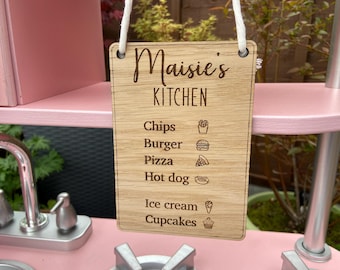 Personalised Child's Toy Kitchen Menu Sign, Toy Cafe Pretend Play Menu For Kids, Wooden Play Cafe Wooden Menu, Custom Playroom Decor Sign