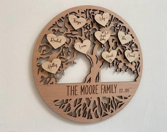 Letrero de árbol genealógico de madera personalizado, regalo del día de la madre, regalos de aniversario, cumpleaños, regalos para abuelos, arte del árbol de la vida