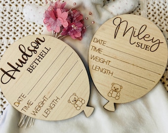 Baby Announcement Birth Stats Balloon Engraved Plaque, Hospital Newborn Sign, Baby Name Sign, Baby Shower, Birth Wood Disc, New Mum