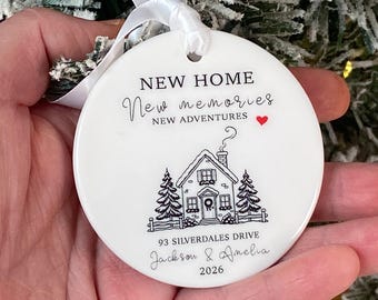 Personalised New Home Ornament, New Memories New Adventures, Custom Address Christmas Bauble, Housewarming Gift for Couple