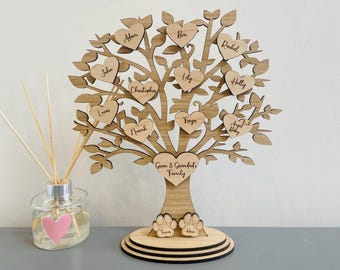Personalised Wooden Family Tree, Free Standing Tree with Hearts, Mother's Day Gift, Anniversary Gifts, Birthdays, Gifts For Grandparents