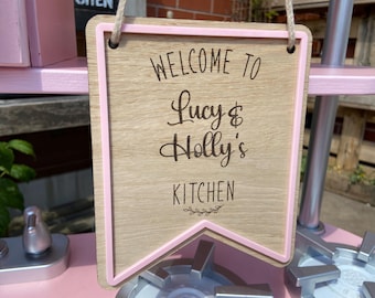 Personalised Play Double Name Kitchen Cafe Sign, Childs Toy Cafe Pretend Sign, Wooden Play Menu, Custom Playroom Decor, Imaginative Play