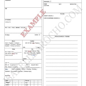 May include: A medical chart form with sections for patient information, vital signs, and medical procedures. The form includes fields for name, admit date, isolation, code, diagnosis, situation, history, attending physician, consultations, IV drips, neuro, cardiac, respiratory, GI, output, diet, skin, wounds, labs, and a DC plan.