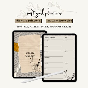 Puede incluir: Un planificador digital con una página de planificador semanal que se muestra en una tableta. El planificador tiene una estética de chica suave con un esquema de color marrón y blanco y un diseño floral. El texto "weekly planner" está escrito en un trozo de papel rasgado con papel rayado.