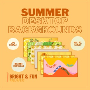 May include: A set of 7 summer-themed desktop backgrounds in JPG format. The backgrounds feature bright colors, patterns, and text that says "Bonfire", "Beach", "Pool", "Camping", and "Vacation".