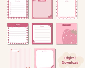 Strawberry Memo Pads Printable | Sticky Notes Printable | Notepads Printable | Digital Download | Cute Printable Notes | Memo Pads Printable