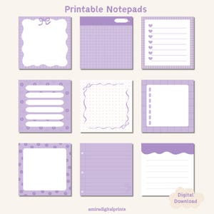 Puede incluir: Colección de nueve blocs de notas imprimibles en varios diseños y diseños. Los blocs de notas son principalmente lavanda y blanco, con elementos decorativos como lazos, corazones y patrones florales. El texto "Printable Notepads" está en la parte superior.