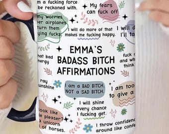 Taza divertida con afirmaciones de Badass B*tch para compañeros de trabajo, amigos, regalo personal, taza de recordatorio diario, taza de juramento, taza de afirmación de juramento, taza de vibraciones positivas