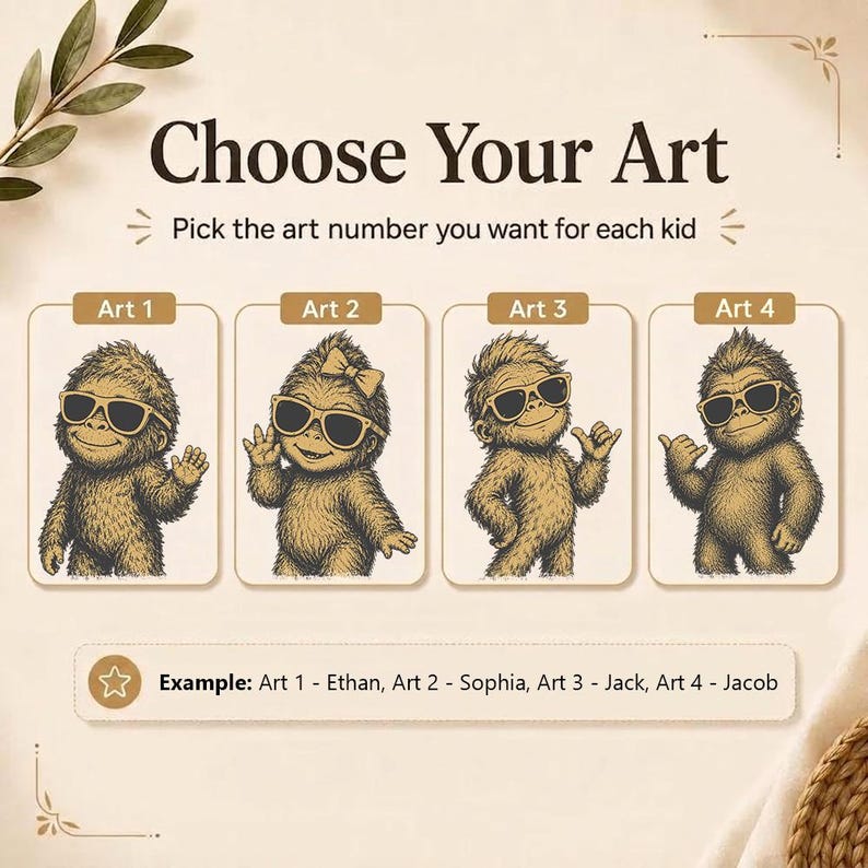 May include: An image with the text "Choose Your Art" and instructions to pick an art number. Four illustrations of a cartoon Sasquatch wearing sunglasses are shown, each labeled Art 1 to Art 4. An example is provided.
