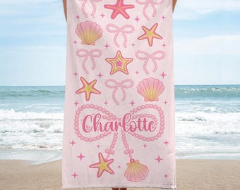 Personalized Beach Towel for Girls, Custom Name Pink Towel With Starfish, Seashells & Bows, Mermaid Theme Gift for Kids