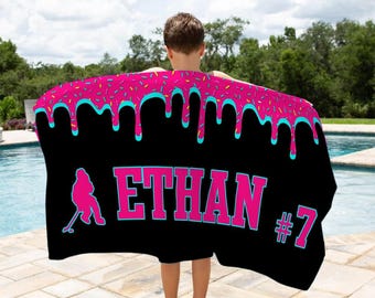 Personalized Ice Cream Drip Hockey Beach Towel, Custom Hockey Dad Gift, Sports Mom Towel, Hockey Baby Name Gift, Hockey Jersey Number Towel