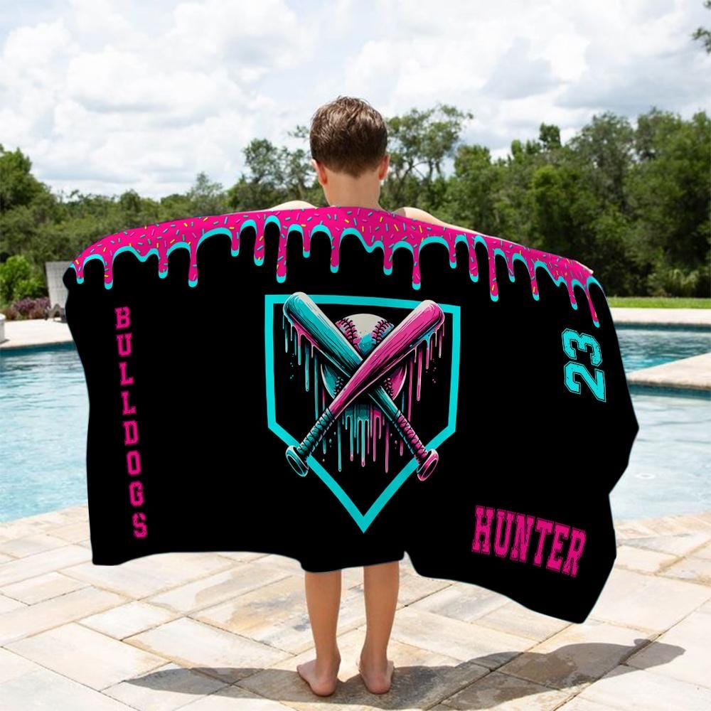 Personalized Ice Cream Drip Baseball Beach Towel For Boys, Drip Beach Towel, Pool Towel, Baseball Softball Team Gift, Youth Baseball Gift