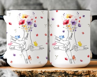 Personalized Grandma Holding Kids Hands Floral Mug, Custom Grandma Nickname And Kid Names Mug, Personalized Names Flowers, Nana's Garden Mug
