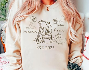 Aangepast mamabeer-shirt, Moederdagcadeau, Winnie de Poeh Moederdagcadeau, omabeer-sweater met kindernamen, trui voor Moederdag