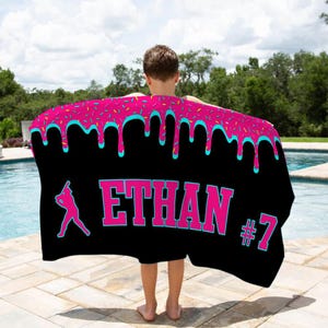 Personalized Ice Cream Drip Baseball Beach Towel For Boys, Drip Beach Towel, Pool Towel, Baseball Softball Team Gift, Youth Baseball Gift
