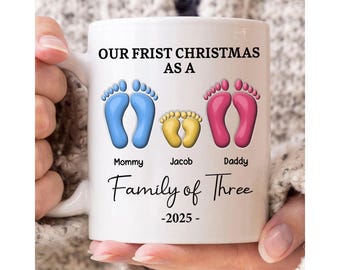 Personalized Family Christmas Mug, Our First Christmas As Family Three Mug, Custom Family Name Custom 3D Inflated Effect Mug, Christmas Mug