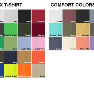 May include: A colour chart for unisex t-shirts and Comfort Colors shirts. The unisex t-shirt section displays colours such as Carolina Blue, Sport Grey, White, and Black. The Comfort Colors shirt section features colours like White, Berry, Black, and Blue Jean.