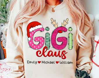 Custom Gigi Claus Christmas Shirt, Christmas Grandma Claus Sweatshirt, Grandma Sweater, Custom Nana And Grandkids Sweatshirt, Gifts For Nana