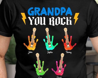 Personalized Grandpa You Rock T-Shirt – Custom Handprint Guitar with Grandkids' Names – Unique Gift for Rockin' Grandpa – Father's Day Gift