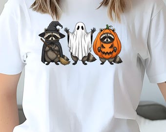 ハロウィンアライグマPNG：魔女、幽霊、カボチャのコスチューム（デジタルダウンロード）