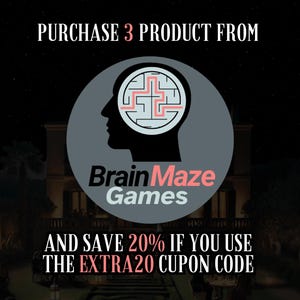 May include: An advertisement for Brain Maze Games, featuring a logo of a head silhouette with a maze design inside. The text reads "PURCHASE 3 PRODUCT FROM" and "AND SAVE 20% IF YOU USE THE EXTRA20 CUPON CODE". The background is a dark night scene.