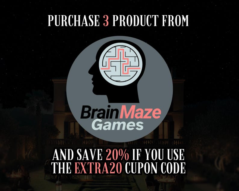 May include: An advertisement for Brain Maze Games, featuring a logo of a head silhouette with a maze design inside. The text reads "PURCHASE 3 PRODUCT FROM" and "AND SAVE 20% IF YOU USE THE EXTRA20 CUPON CODE". The background is a dark night scene.