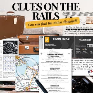 Puede incluir: Un collage temático con una maleta marrón, billetes de tren, un menú de vagón restaurante y recortes de periódico. El texto "CLUES ON THE RAILS" y "Can you find the stolen diamond?" son visibles. Una lupa está sobre un mapa.