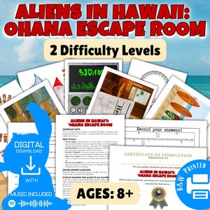 Puede incluir: Una descarga digital para un juego de escape room llamado "Aliens in Hawaii: Ohana Escape Room". El juego presenta dos niveles de dificultad y es adecuado para niños de 8 años en adelante. La imagen muestra una variedad de piezas de juego, incluyendo un certificado de finalización, una hoja para registrar las respuestas y un icono de descarga digital. El juego se presenta en blanco y negro y es apto para imprimir.