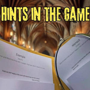 K&ouml;nnte beinhalten: Eine Nahaufnahme eines wei&szlig;en Blattes Papier mit dem Text "HINTS IN THE GAME" oben. Das Papier enth&auml;lt Anweisungen f&uuml;r ein Spiel, bei dem ein Spiegel verwendet wird, um den Text zu lesen. Der Text auf dem Papier lautet: "(use a mirror and block the lines with a paper that you don't want to see)" und "HINT #1 rnob way tett reqeq &rthw asnil ett bold bnsonim & su (one of tw".