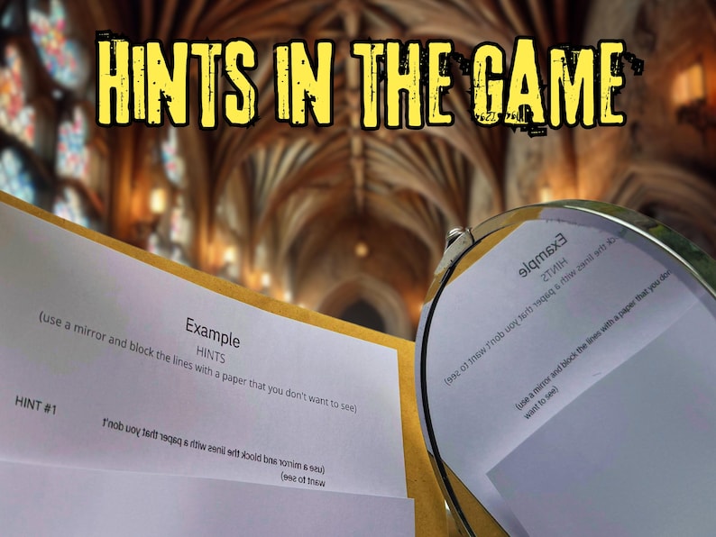 K&ouml;nnte beinhalten: Eine Nahaufnahme eines wei&szlig;en Blattes Papier mit dem Text "HINTS IN THE GAME" oben. Das Papier enth&auml;lt Anweisungen f&uuml;r ein Spiel, bei dem ein Spiegel verwendet wird, um den Text zu lesen. Der Text auf dem Papier lautet: "(use a mirror and block the lines with a paper that you don't want to see)" und "HINT #1 rnob way tett reqeq &rthw asnil ett bold bnsonim & su (one of tw".