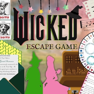 Pode incluir: Um jogo de escape room colorido com o tema do musical Wicked. O jogo apresenta uma silhueta verde e rosa das bruxas Elphaba e Glinda, uma roda de cores, uma grade de letras, um labirinto e uma nota com o texto "Por trás de seus sorrisos, o..."
