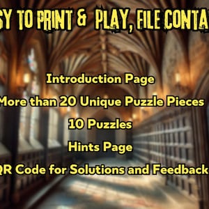 K&ouml;nnte beinhalten: Ein verschwommenes Bild eines Ganges mit gew&ouml;lbten Decken und Buntglasfenstern. Der Text "EASY TO PRINT & PLAY, FILE CONTAINS:" befindet sich oben im Bild. Unter dem Text stehen die folgenden W&ouml;rter: "Introduction Page", "More than 20 Unique Puzzle Pieces", "10 Puzzles", "Hints Page" und "QR Code for Solutions and Feedback".