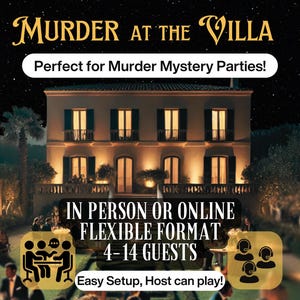 Murder at the Villa mystery party game set on Halloween night, perfect for in-person or online events. Flexible format for 4-14 guests, easy setup with host participation. Ideal for murder mystery parties, printable and instant download format.