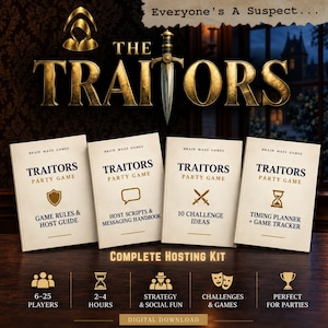 Puede incluir: Kit completo de organización para el juego de fiesta The Traitors que incluye cuatro folletos de color blanco roto titulados Game Rules & Host Guide, Host Scripts & Messaging Handbook, 10 Challenge Ideas y Timing Planner + Game Tracker.