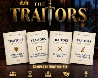 Könnte beinhalten: Das vollständige The Traitors Party-Spiel-Hosting-Kit enthält vier cremefarbene Broschüren mit den Titeln Game Rules & Host Guide, Host Scripts & Messaging Handbook, 10 Challenge Ideas und Timing Planner + Game Tracker sowie Symbole für 6-25 Spieler.