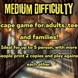 K&ouml;nnte beinhalten: Ein druckbares Escape-Room-Spiel mit einem Hintergrund eines mittelalterlichen Schlossflurs. Der Text lautet "MITTLERE SCHWIERIGKEIT Escape-Spiel f&uuml;r Erwachsene, Jugendliche und Familien! Ideal f&uuml;r bis zu 5 Personen, mit mehr Personen drucken Sie 2 Exemplare und spielen Sie gegeneinander."