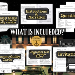 May include: Digital download of a murder mystery party game, featuring character sheets, instructions, narration, questions, innocent/guilty cards, a character list, and invitations. The game is themed for Halloween.