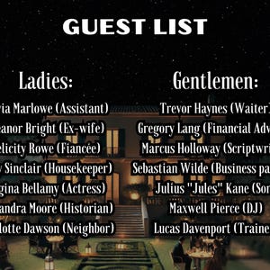 May include: A guest list with the title "GUEST LIST" in white text against a dark background. The list is divided into "Ladies" and "Gentlemen", with names and titles listed below each heading. The background features a house and outdoor dining scene.