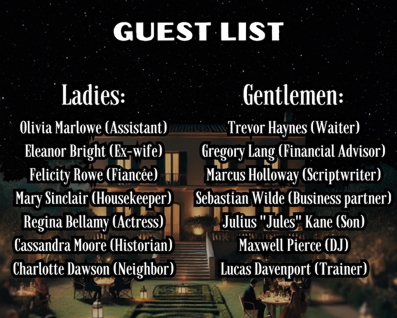 May include: A guest list with the title "GUEST LIST" in white text against a dark background. The list is divided into "Ladies" and "Gentlemen", with names and titles listed below each heading. The background features a house and outdoor dining scene.