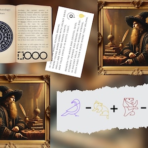 K&ouml;nnte beinhalten: Ein Vintage-Buch mit einer blauen und wei&szlig;en Illustration eines Tierkreisrades auf dem Umschlag. Das Buch ist auf einer Seite mit dem Text "Einf&uuml;hrung in die Astrologie: Ein Leitfaden zu den Sternen" ge&ouml;ffnet. Der Text "2000" ist auf der Seite sichtbar. Ein gerahmtes Gem&auml;lde eines Mannes mit langem wei&szlig;em Bart, der einen schwarzen Hut und eine Robe tr&auml;gt. Der Mann h&auml;lt eine Feder und ein Buch. Ein wei&szlig;es Blatt Papier mit Text &uuml;ber eine Magieschule. Eine violette Taube, ein gelber Dachs, ein roter L&ouml;we und eine gr&uuml;ne Schlange sind auf wei&szlig;em Hintergrund gezeichnet.