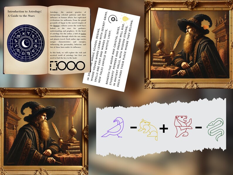 K&ouml;nnte beinhalten: Ein Vintage-Buch mit einer blauen und wei&szlig;en Illustration eines Tierkreisrades auf dem Umschlag. Das Buch ist auf einer Seite mit dem Text "Einf&uuml;hrung in die Astrologie: Ein Leitfaden zu den Sternen" ge&ouml;ffnet. Der Text "2000" ist auf der Seite sichtbar. Ein gerahmtes Gem&auml;lde eines Mannes mit langem wei&szlig;em Bart, der einen schwarzen Hut und eine Robe tr&auml;gt. Der Mann h&auml;lt eine Feder und ein Buch. Ein wei&szlig;es Blatt Papier mit Text &uuml;ber eine Magieschule. Eine violette Taube, ein gelber Dachs, ein roter L&ouml;we und eine gr&uuml;ne Schlange sind auf wei&szlig;em Hintergrund gezeichnet.