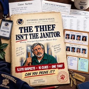 Op de afbeelding: Een printbaar logisch mysteriespel getiteld The Thief Isn't The Janitor, met een centrale illustratie van een man die een dweilsteel vasthoudt, omringd door dossiernotities, een studentenlijst en een koperen sleutelhanger voor de directeur.