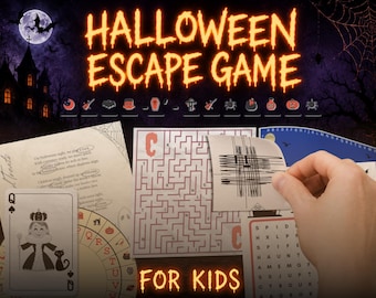 Peut inclure: Un jeu d'évasion d'Halloween pour enfants comprenant des feuilles d'activités imprimées, un labyrinthe, une recherche de mots, une roue de chiffrement et une carte à jouer Reine de Pique. Le jeu inclut des icônes effrayantes et du texte.