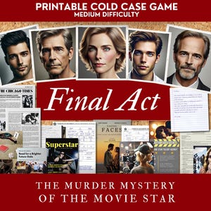 Op de afbeelding: Een afdrukbaar cold case-spel getiteld "Final Act: The Murder Mystery of the Movie Star". De game bevat afbeeldingen van mensen, krantenknipsels en andere aanwijzingen. De tekst "Medium Difficulty" is ook zichtbaar.