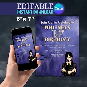 Wednesday Themed Birthday Party Invitation: 5x7 Addams Family Theme (Canva Template)