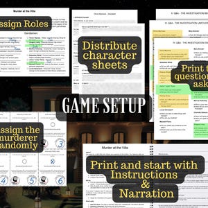May include: A game setup guide with instructions for a murder mystery game. The image shows various steps: assigning roles, distributing character sheets, printing questions, and assigning the murderer. The text includes "Murder at the Villa".