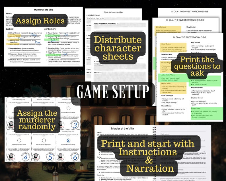 May include: A game setup guide with instructions for a murder mystery game. The image shows various steps: assigning roles, distributing character sheets, printing questions, and assigning the murderer. The text includes "Murder at the Villa".